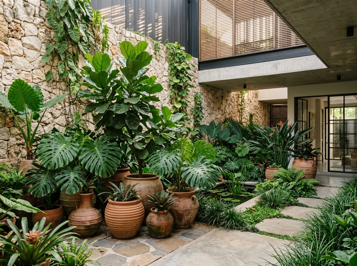 Botanical flower pots and lush foliage in a modern courtyard in Accra