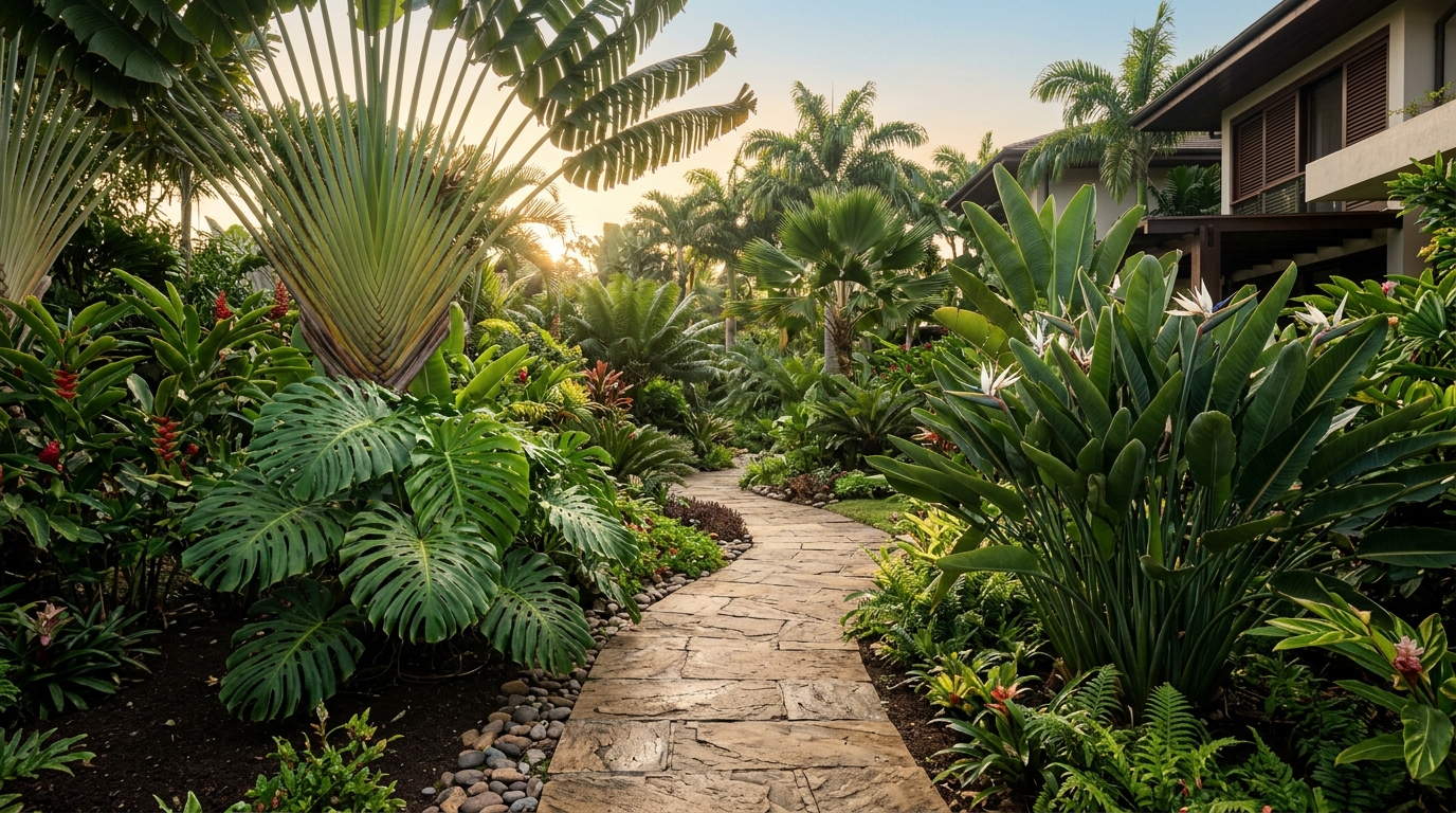 Luxury tropical landscaped garden in Accra with traveler palms and stone walkway